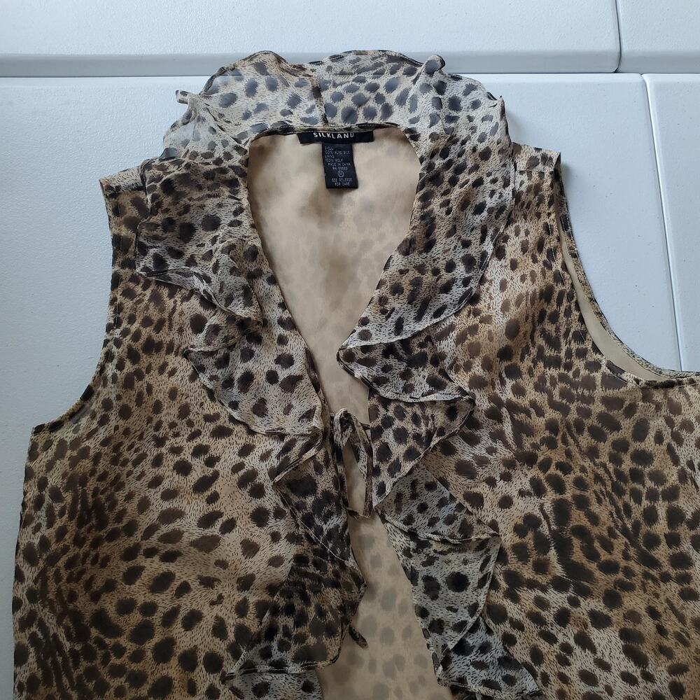 90s Silkland Blouse Womens Medium Brown Leopard Silk Ruffle Sleeveless Top - Picture 4 of 9